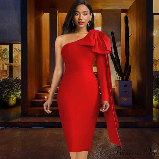 One Shoulder Elegant Bodycon Midi Dress Red / XL