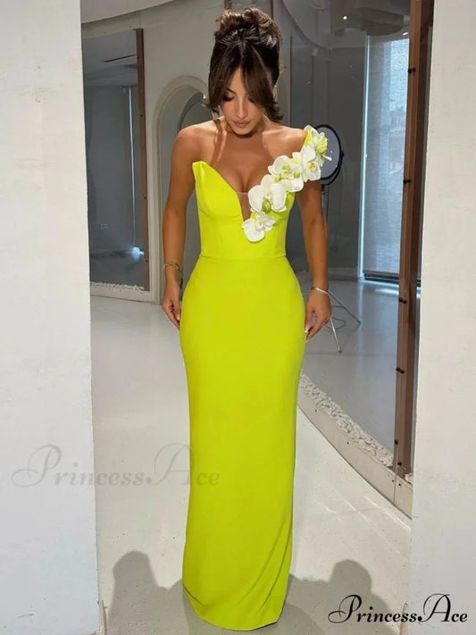 One Shoulder Floral Green Bandage Party Dress