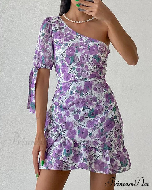 One Shoulder Floral Print Layered Ruffles Dress