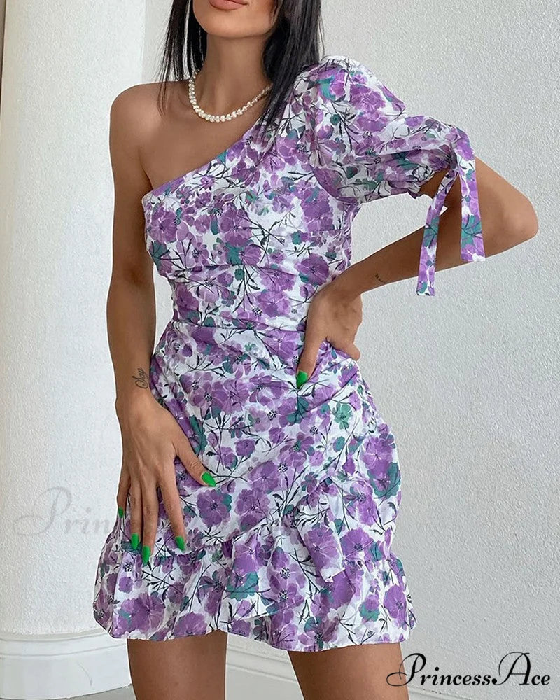 One Shoulder Floral Print Layered Ruffles Dress