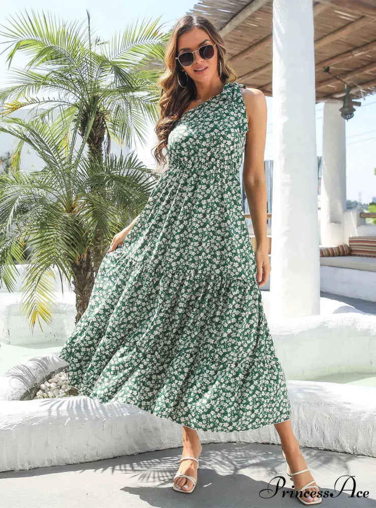 One-Shoulder Flowered Ruffled for Gown Holidays S / GREEN