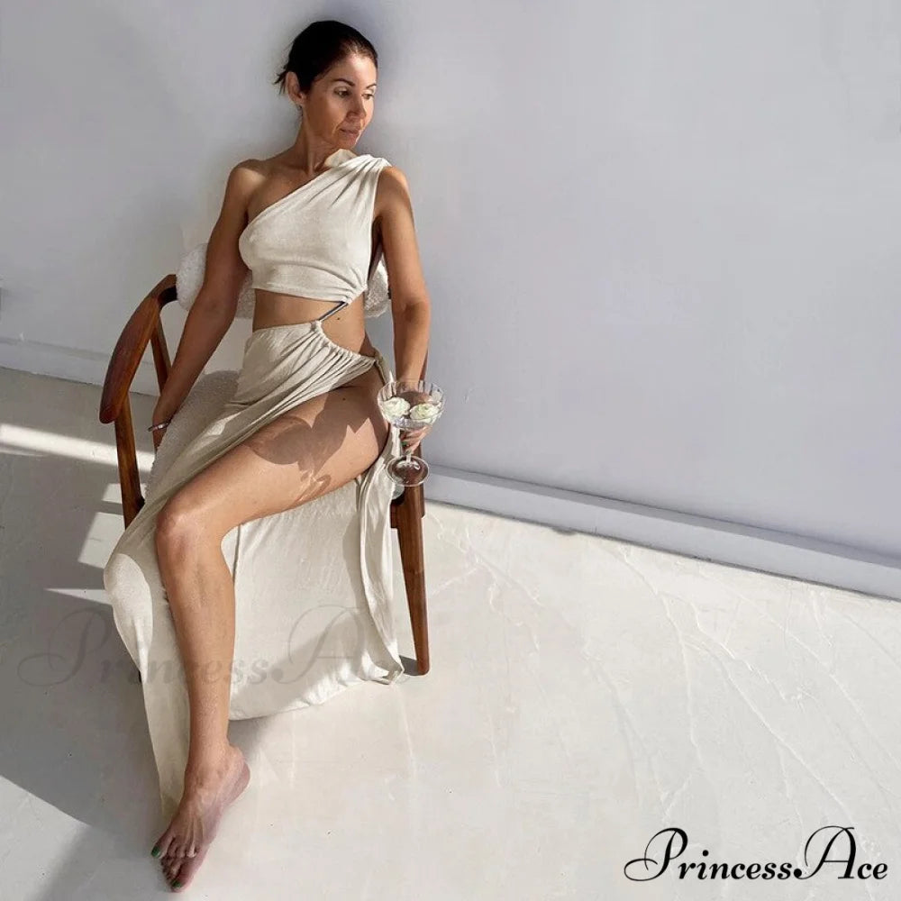 One Shoulder High Split Graceful O-Ring Long Maxi Dress