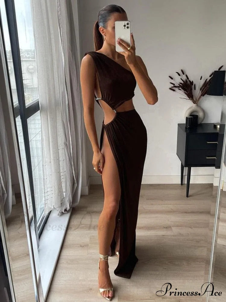 One Shoulder High Split Graceful O-Ring Long Maxi Dress Dark Brown / S
