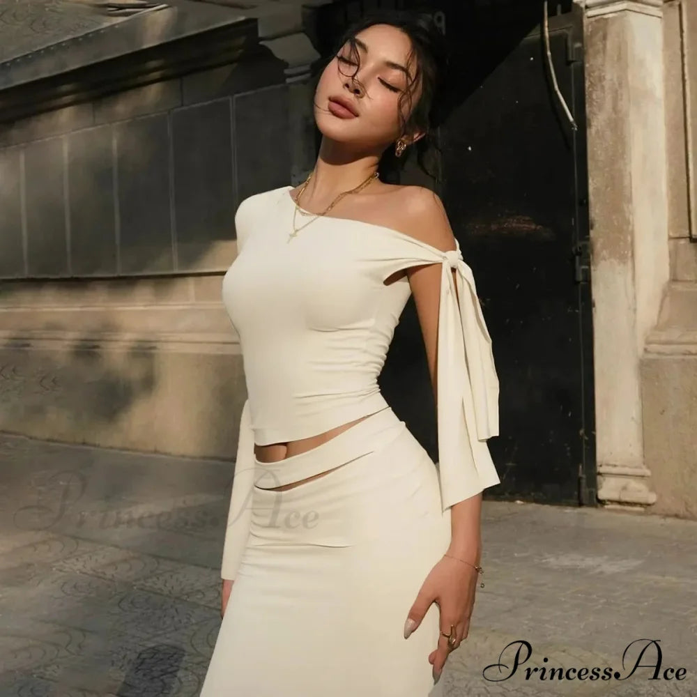 One Shoulder Long Charming Sleeve Tie Up Top