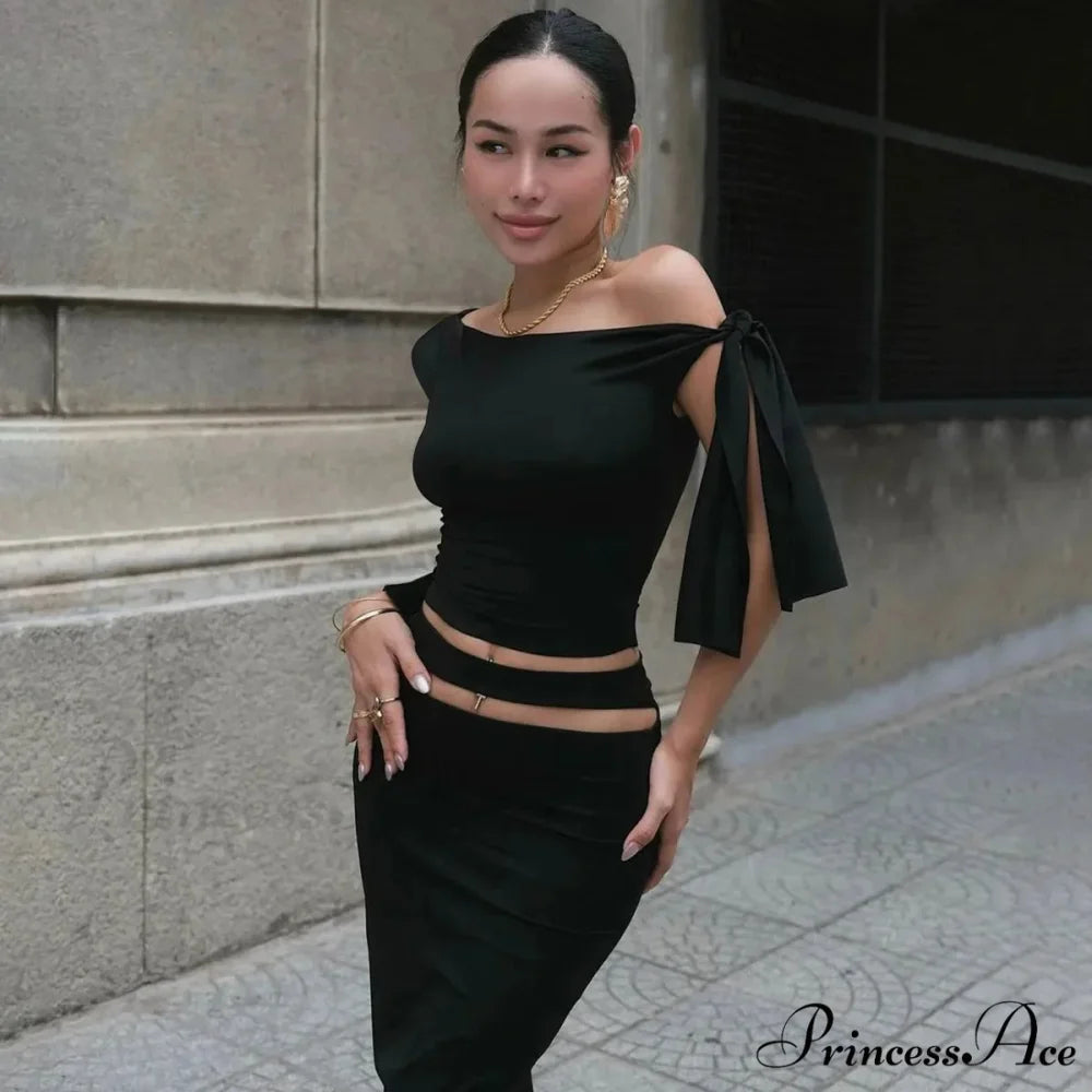 One Shoulder Long Charming Sleeve Tie Up Top