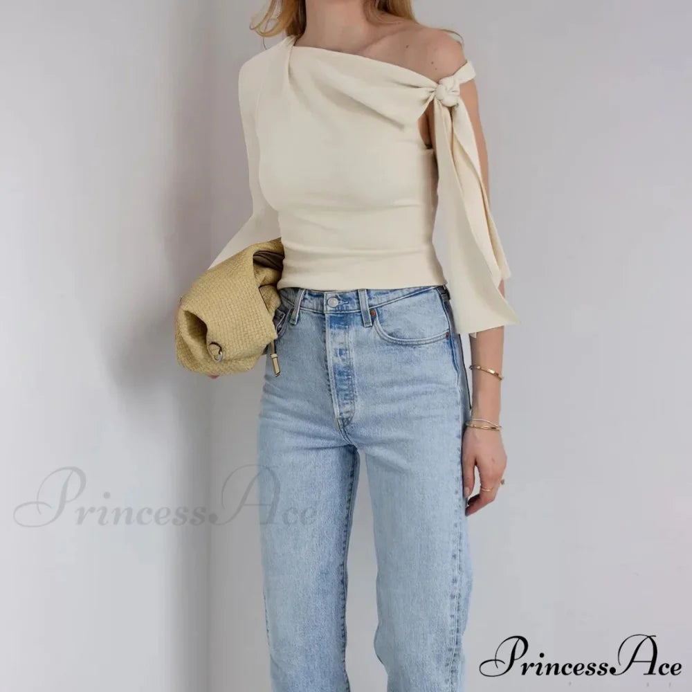 One Shoulder Long Charming Sleeve Tie Up Top