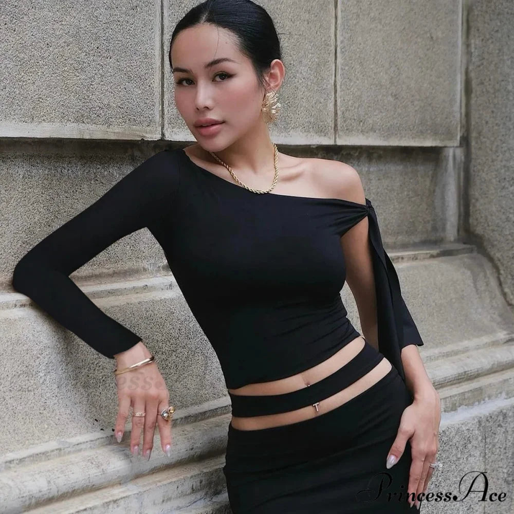 One Shoulder Long Charming Sleeve Tie Up Top