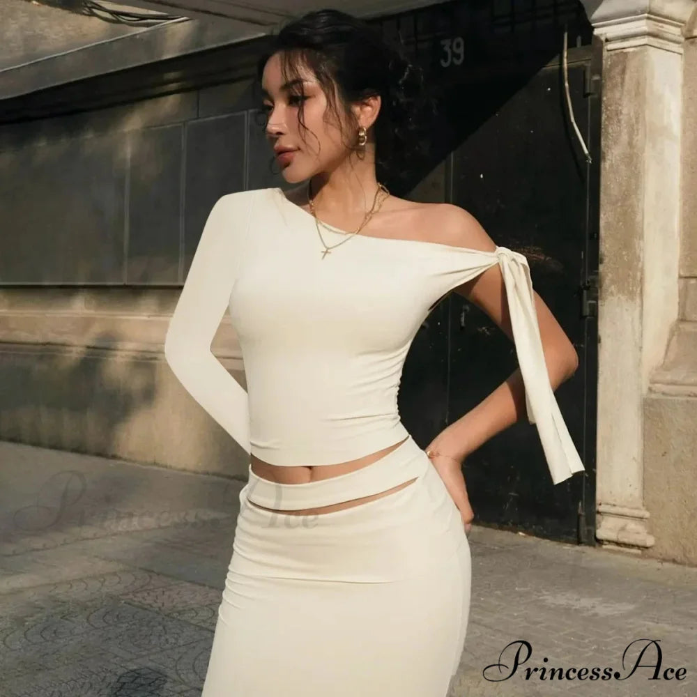 One Shoulder Long Charming Sleeve Tie Up Top