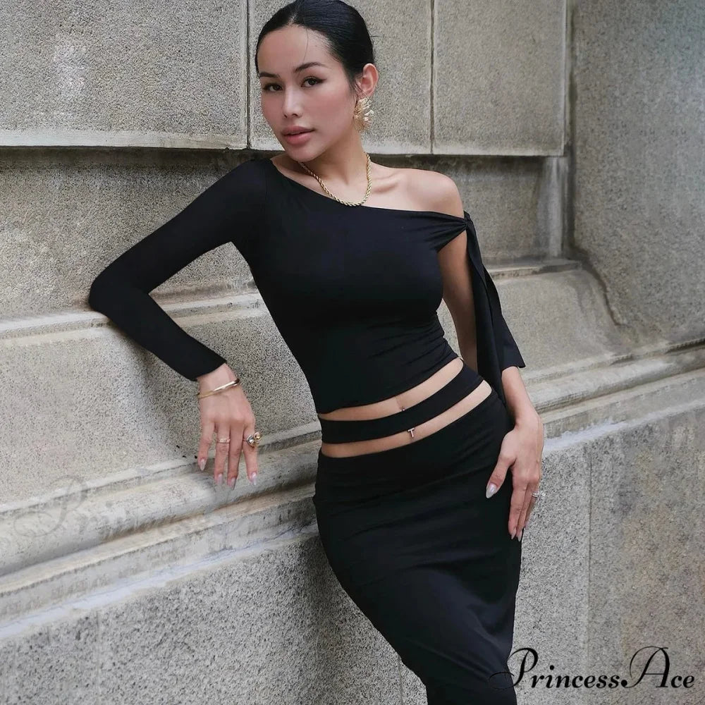 One Shoulder Long Charming Sleeve Tie Up Top