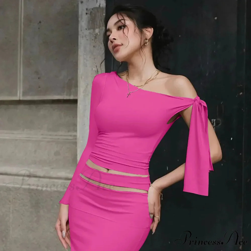 One Shoulder Long Charming Sleeve Tie Up Top