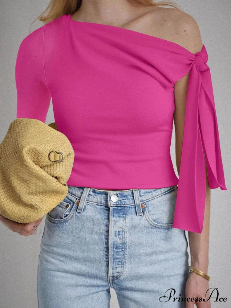 One Shoulder Long Charming Sleeve Tie Up Top Rose Red / S