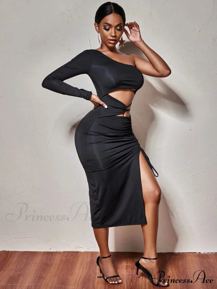 One Shoulder Long Sleeved Hollow High Split Wrapping Nightclub Cut Out Dress