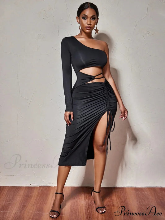 One Shoulder Long Sleeved Hollow High Split Wrapping Nightclub Cut Out Dress BLACK / XS