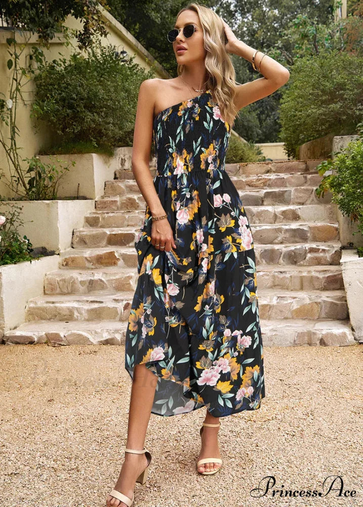 One Shoulder Printed Long Dress with Pocket M / black