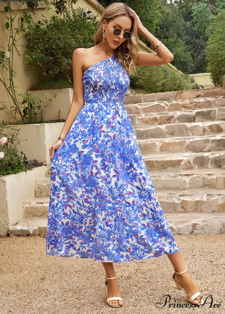 One Shoulder Printed Long Dress with Pocket M / yellow