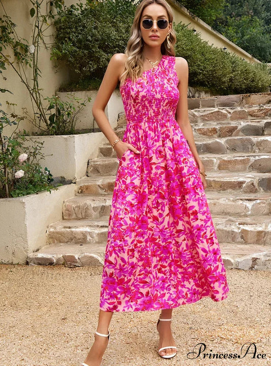 One Shoulder Printed Long Dress with Pocket S / blue