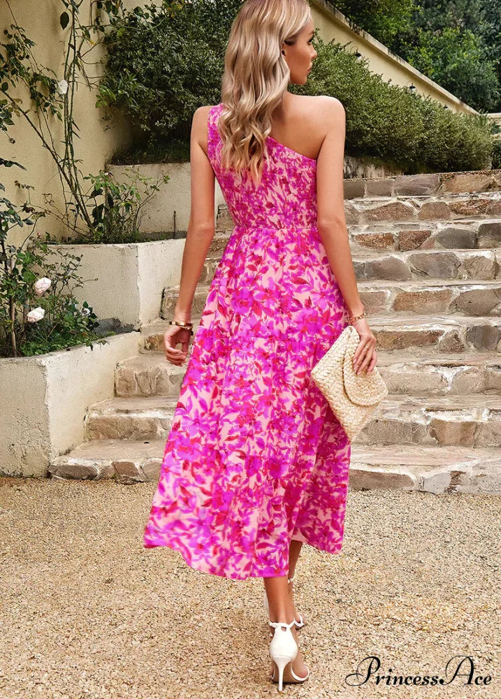 One Shoulder Printed Long Dress with Pocket S / rose red