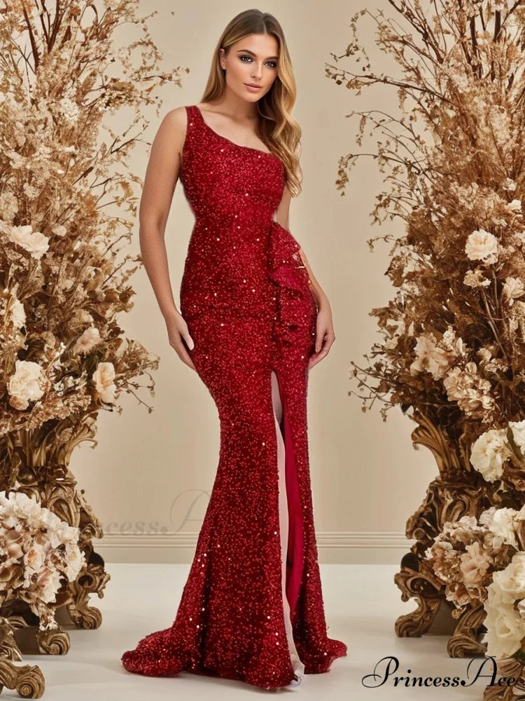One Shoulder Red Sequined Ruffles Slit Evening Party Backless Lace Christmas Party Dress