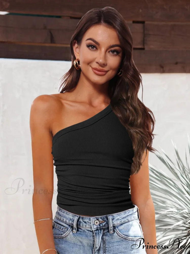 One-Shoulder Ribbed Tank Black / S