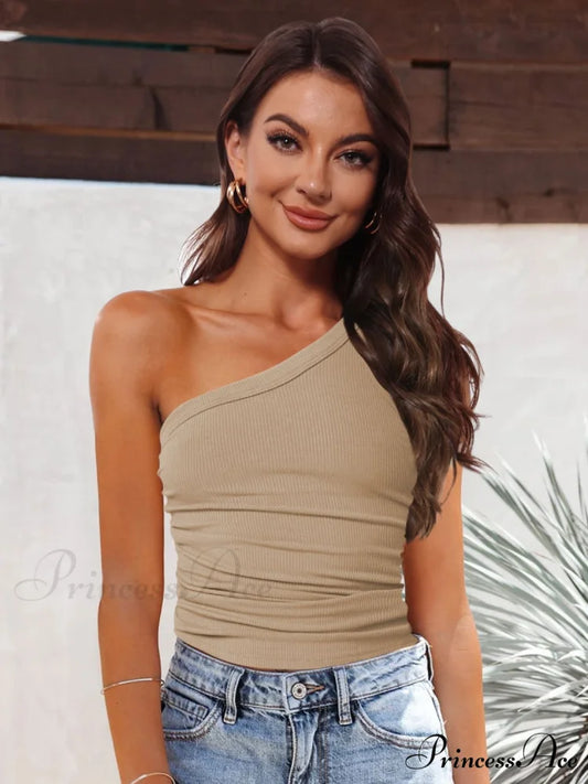 One-Shoulder Ribbed Tank Khaki / S