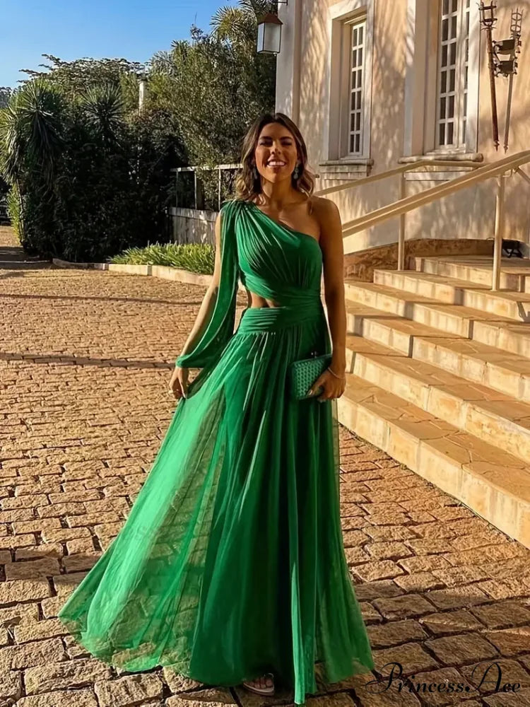 One Shoulder Ruched Asymmetrical Party Dress - Dark Green