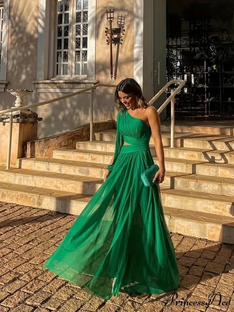 One Shoulder Ruched Asymmetrical Party Dress - Dark Green