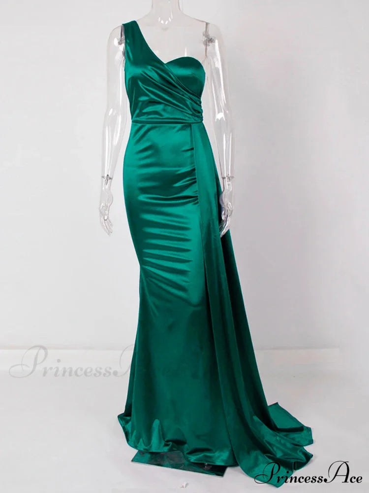 One-Shoulder Ruched Satin Party Dress Green / 4