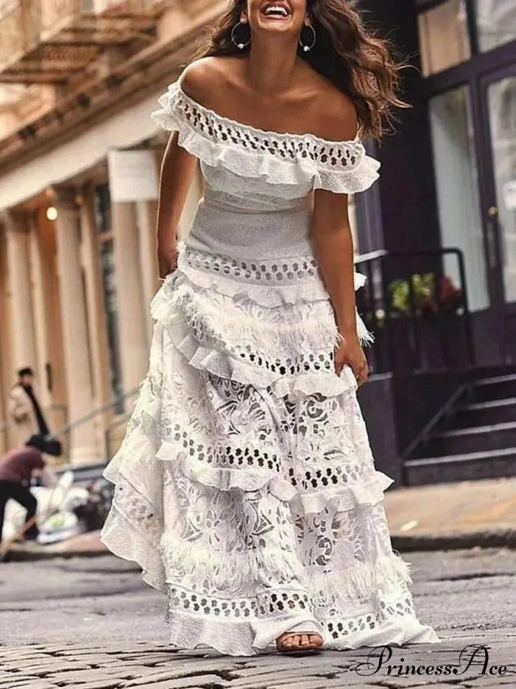One-Shoulder Ruffled Hollow Swing Graceful Lace Patchwork Long Dress White / S