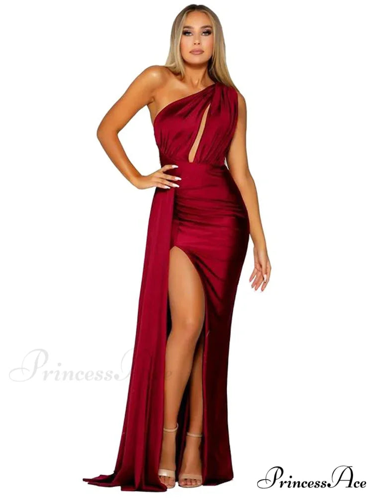 One-Shoulder Satin Hollow Out Party Dress Burgundy / XS