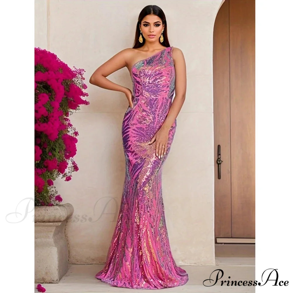 One-Shoulder Sequined Party Dress Fuchsia / S