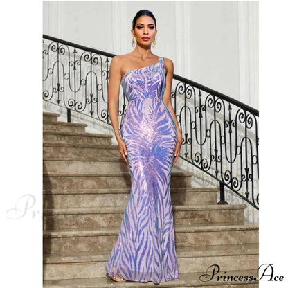 One-Shoulder Sequined Party Dress Lavender / S