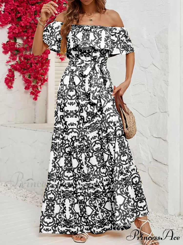 One-Shoulder Short-Sleeve Printed Charming Ruffle Maxi Dress Black / S