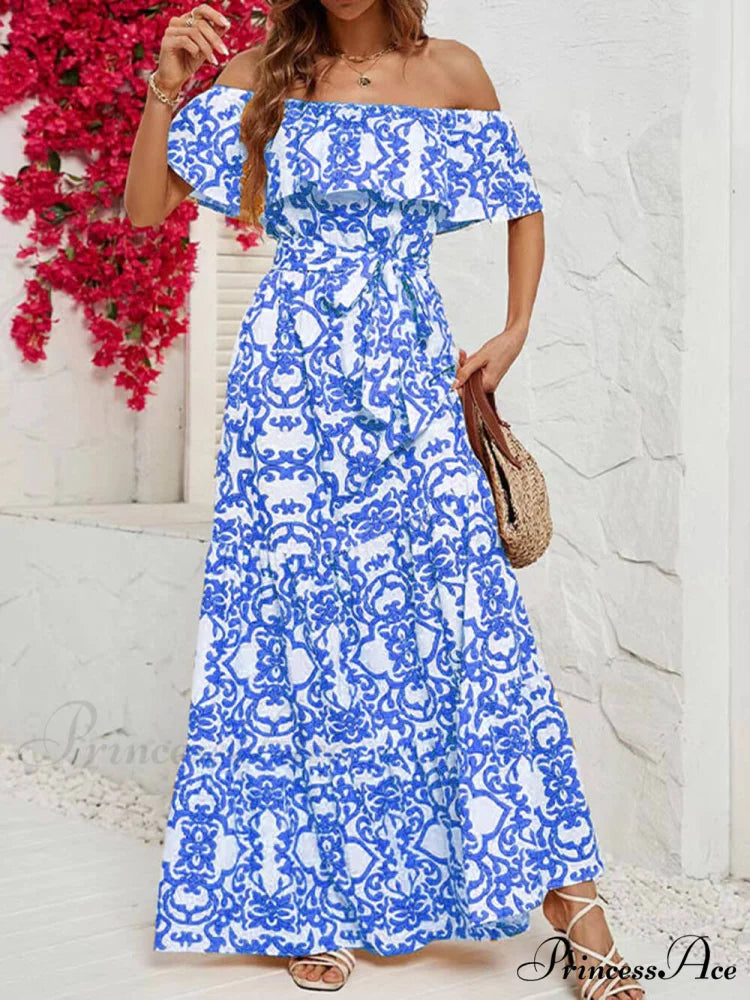 One-Shoulder Short-Sleeve Printed Charming Ruffle Maxi Dress Blue / S