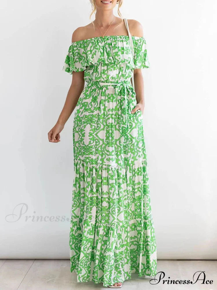 One-Shoulder Short-Sleeve Printed Charming Ruffle Maxi Dress Green / S