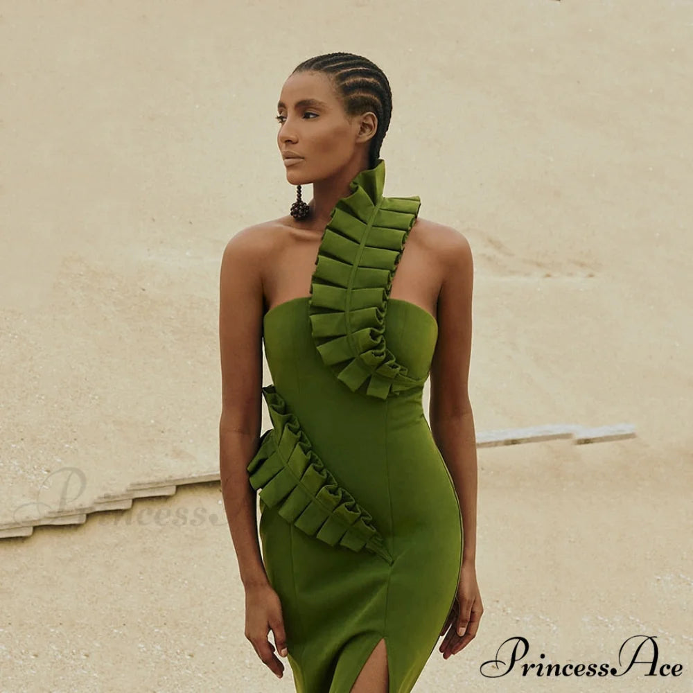 One-Shoulder Side Slits Exposed Legs Dress Green / XS