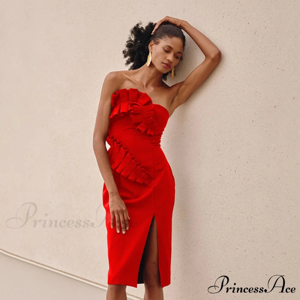 One-Shoulder Side Slits Exposed Legs Dress Red / XS