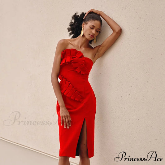 One-Shoulder Side Slits Exposed Legs Dress Red / XS