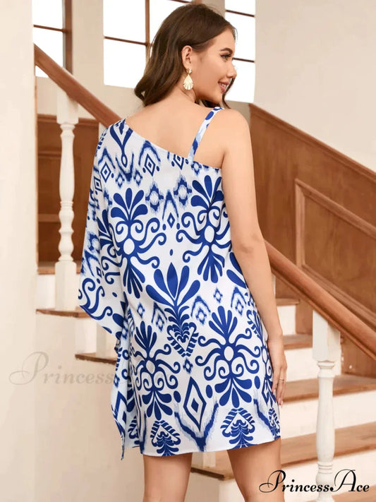 One Shoulder Split Printed Dress