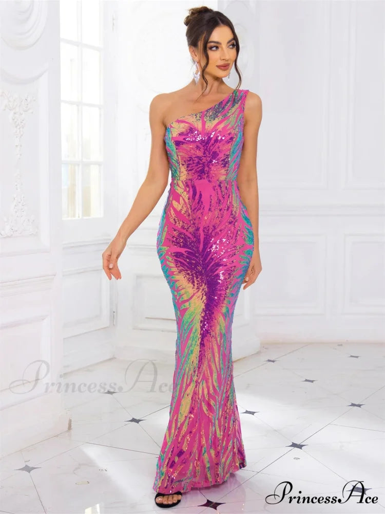 One-Shoulder Stretch Sequin Party Dress Fuchsia / S