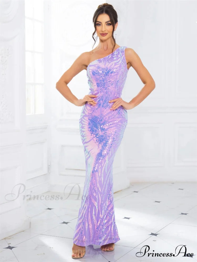 One-Shoulder Stretch Sequin Party Dress Lavender / S