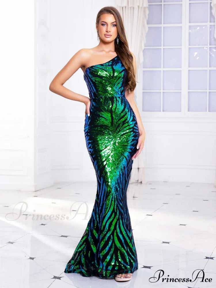 One-Shoulder Stretch Sequined Party Dress