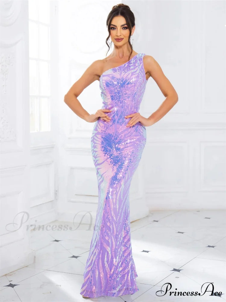 One-Shoulder Stretch Sequined Party Dress