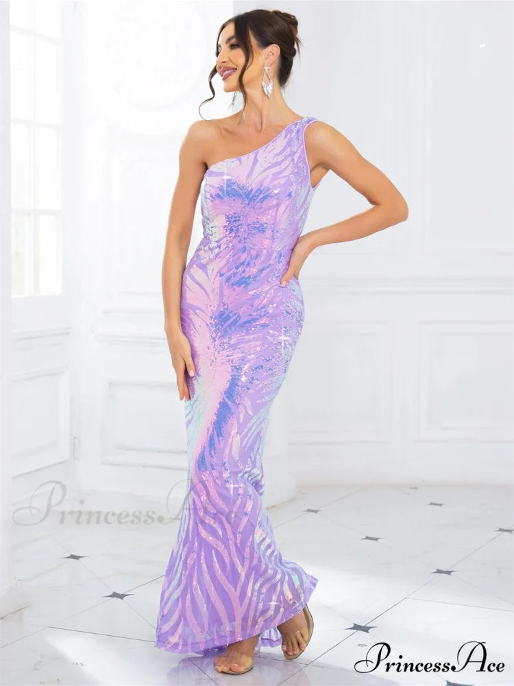 One-Shoulder Stretch Sequined Party Dress Lavender / S