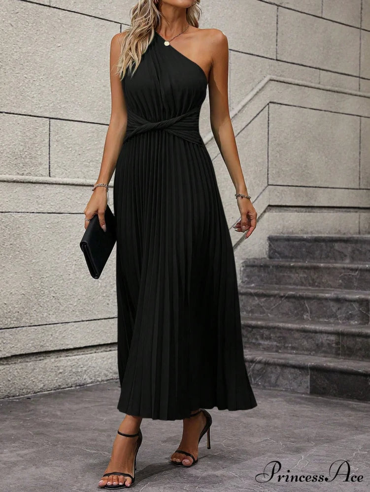 One Shoulder Twist Front Pleated Hem Dress