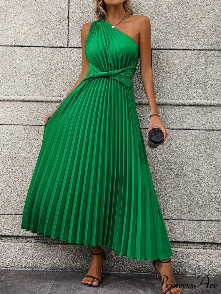 One Shoulder Twist Front Pleated Hem Dress Green / S