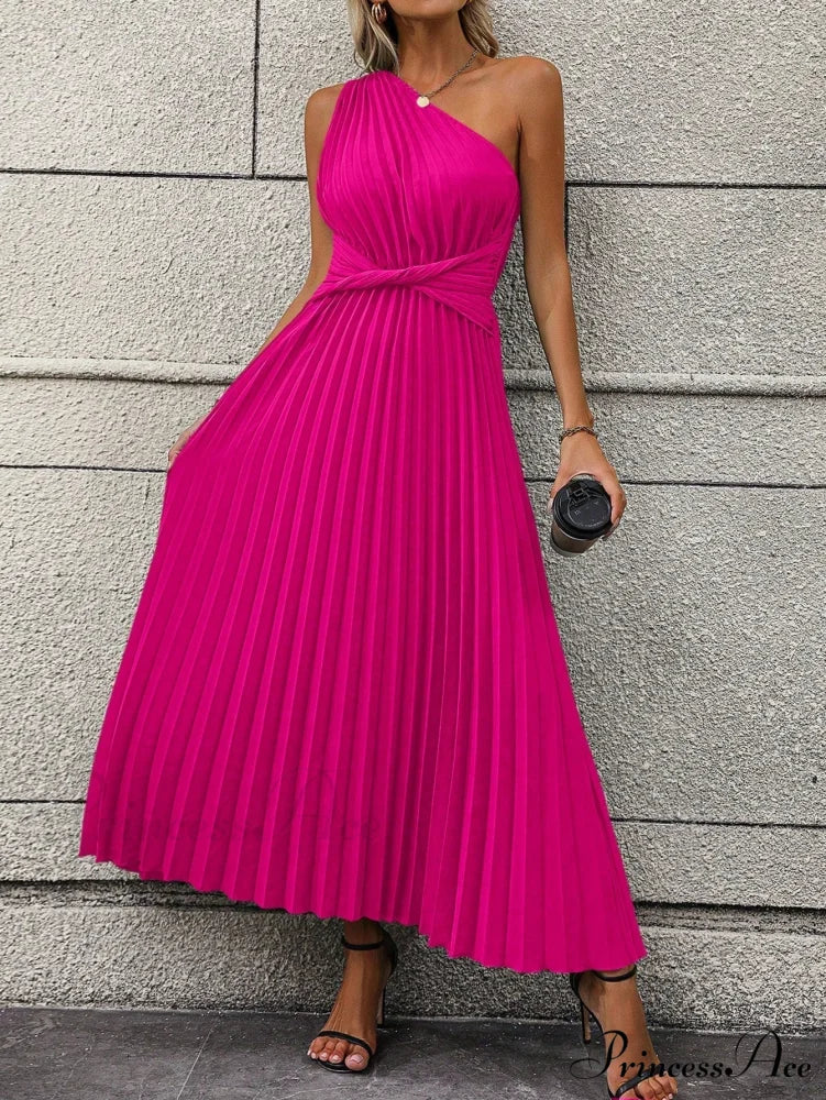 One Shoulder Twist Front Pleated Hem Dress Hot Pink / S