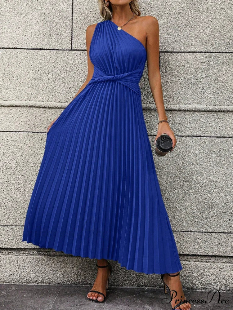 One Shoulder Twist Front Pleated Hem Dress Royal Blue / S
