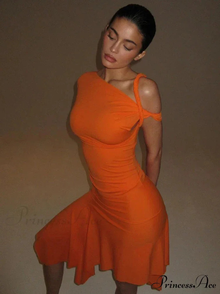 One Shoulder Twisted Charming Flare Mini Dress Orange / S