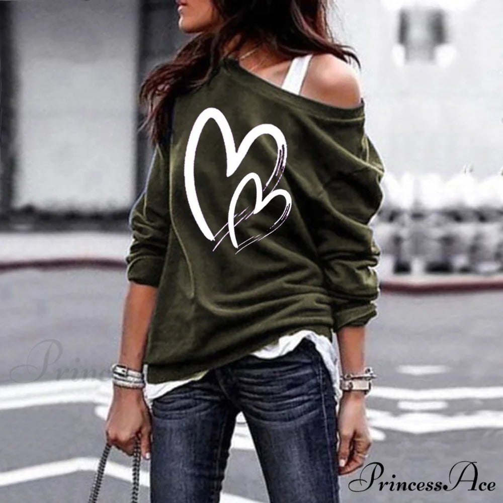 One Sweatshirt Tops Patterned Women’s Heart Shoulder Casual Pullover Top ArmyGreen E7M387 / S