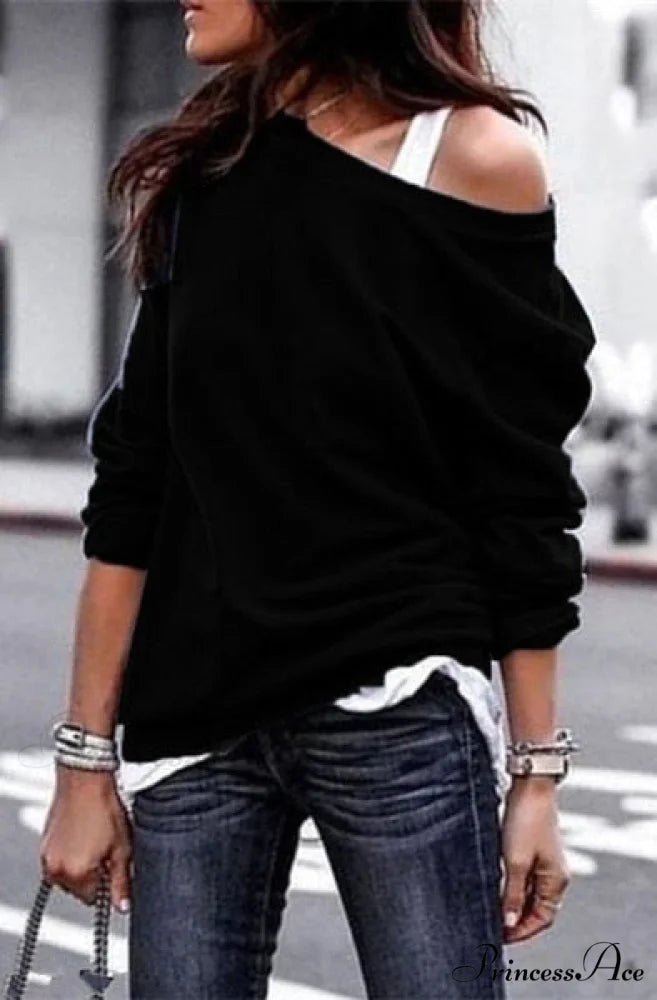 One Sweatshirt Tops Patterned Women’s Heart Shoulder Casual Pullover Top Black NQ2992 / S